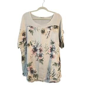 Lungo L'arno Floral Linen Tunic Top Natural Italy Boho Botanical Womans 2X Plus